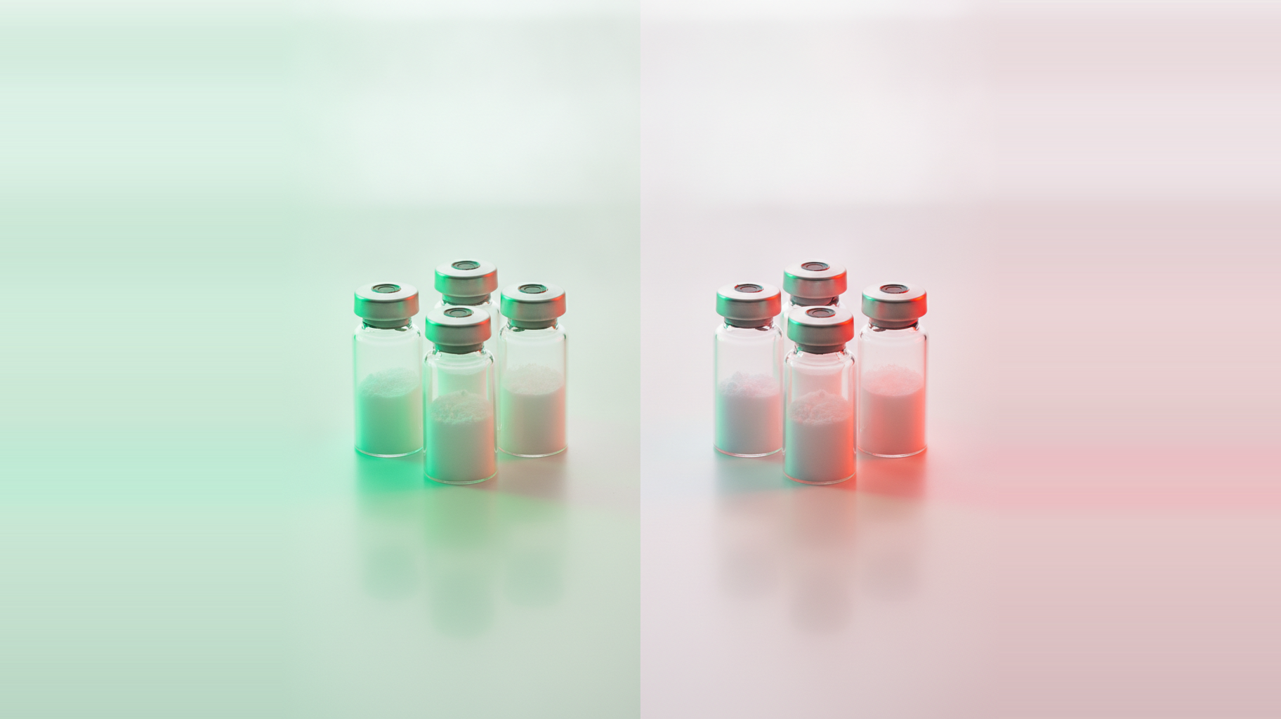 A single vial in sharp focus in the foreground with a row of identical vials blurred behind it — illustrating the patient-specific, prescription-bound nature of 503A pharmacy compounding versus larger-batch production.