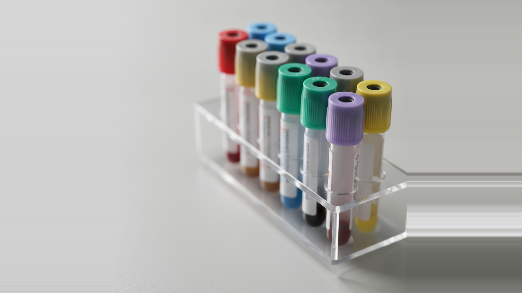 A rack of color-coded blood collection tubes — red, light blue, green, gray, lavender, and yellow caps — the standardized Vacutainer-style additive system used across clinical specimen collection