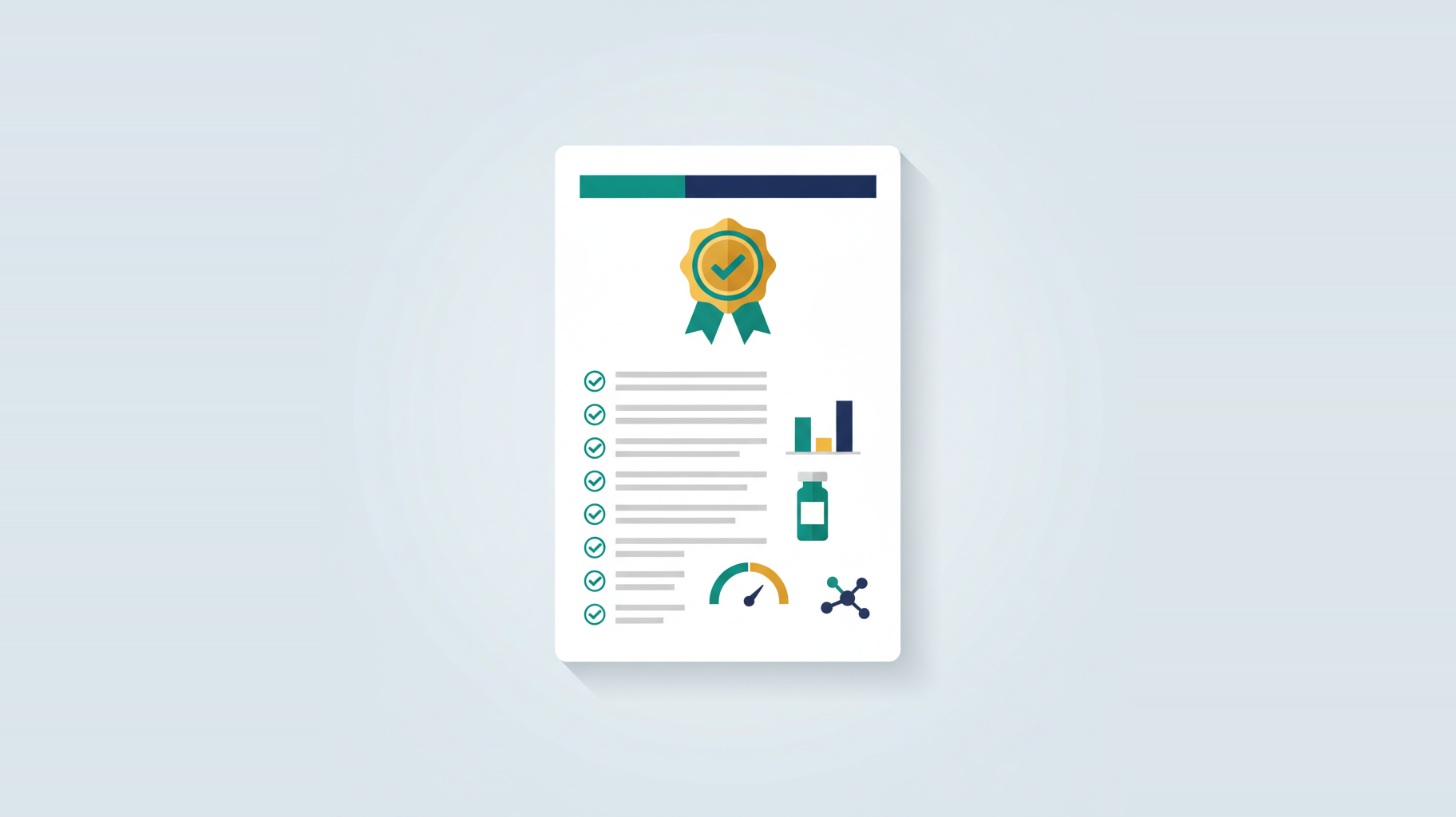 A Certificate of Analysis document with a quality seal, line-item test results with checkmarks, and assay charts — the batch-level proof that a product was tested and conforms to specification.