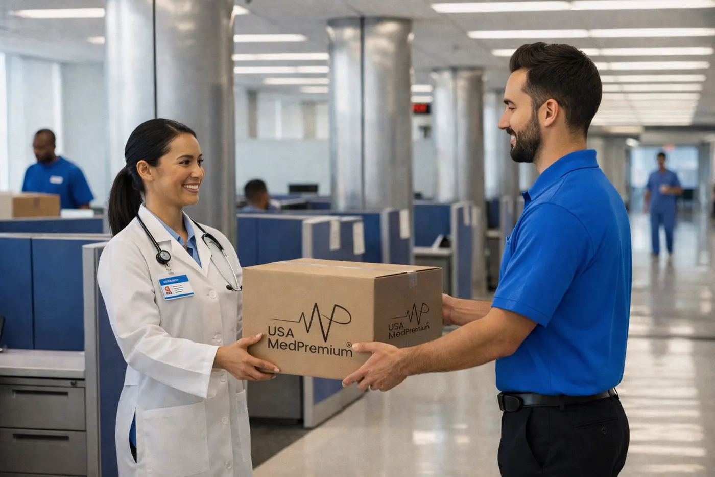 A clinician in a white coat receiving a USA MedPremium delivery in a hospital corridor