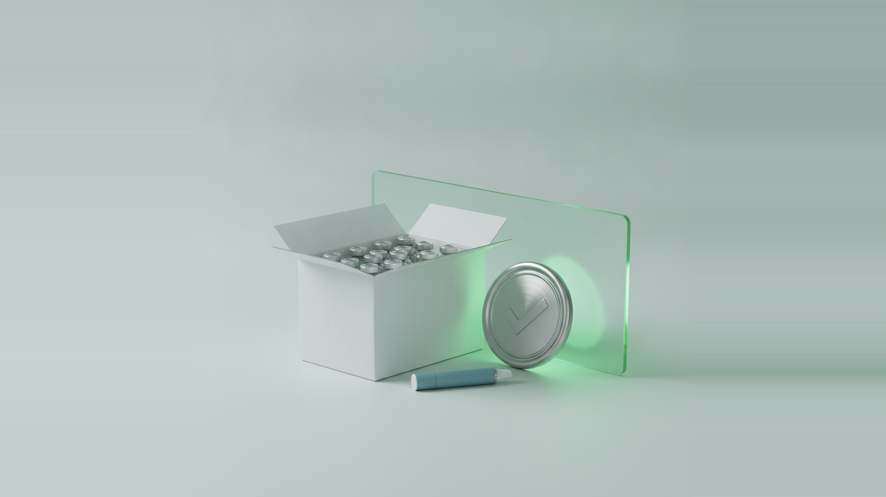 A sealed box of medication beside a glowing green verification checkmark seal and a glass panel — representing a licensed, DSCSA-authorized trading partner.