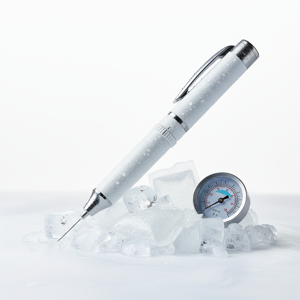 A growth hormone injection pen resting on ice beside a refrigeration temperature gauge — illustrating the strict 2–8 °C cold chain every somatropin product requires from manufacturer to patient