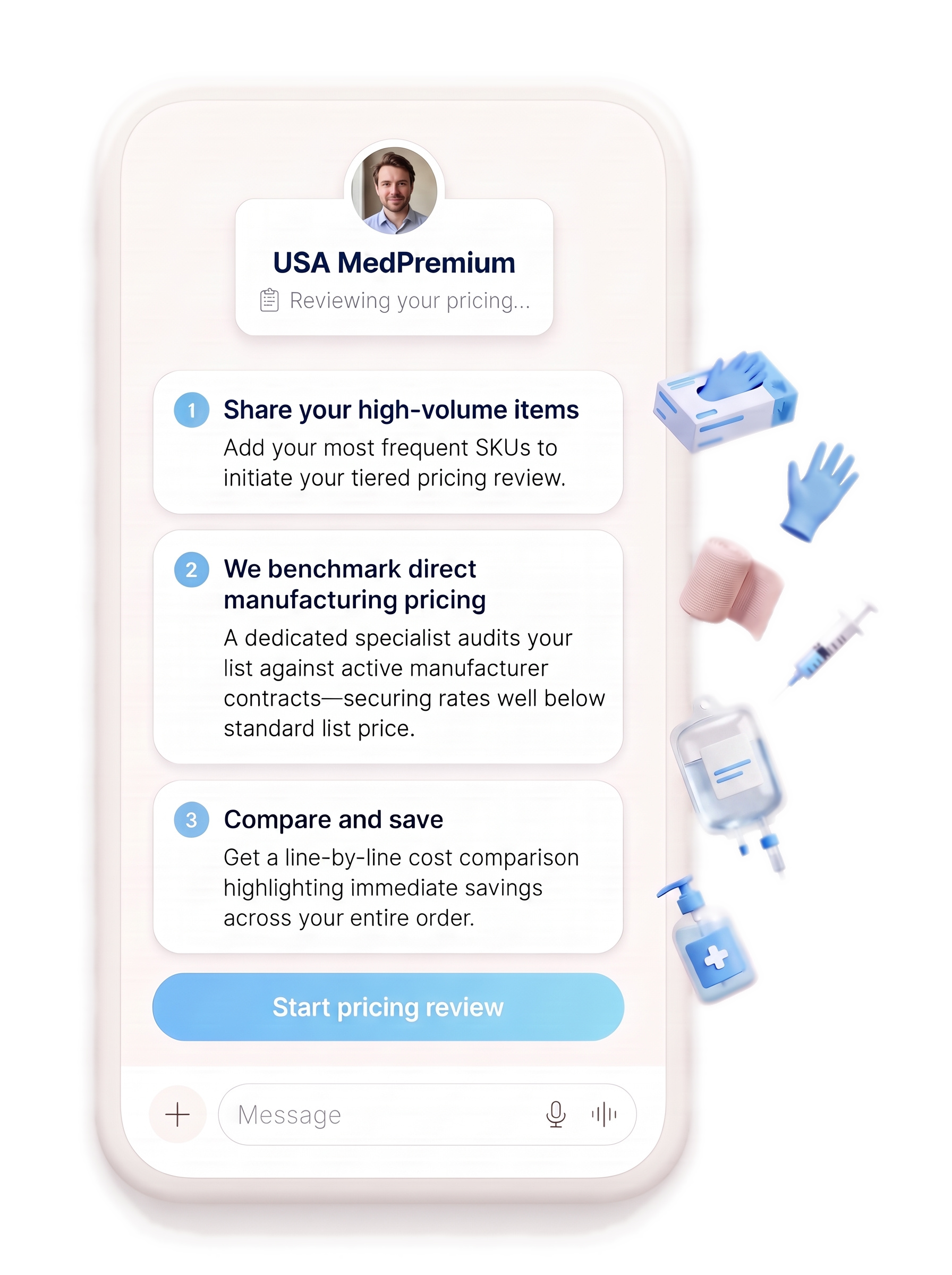 A USA MedPremium specialist reviewing your pricing in a phone conversation, with medical supplies beside the screen.
