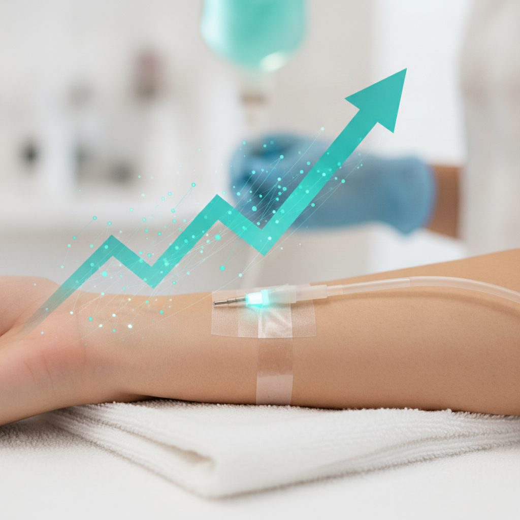 An upward-trending growth chart for the IV hydration therapy market alongside clinical IV infusion imagery — illustrating rising demand and expanding mobile and at-home delivery.