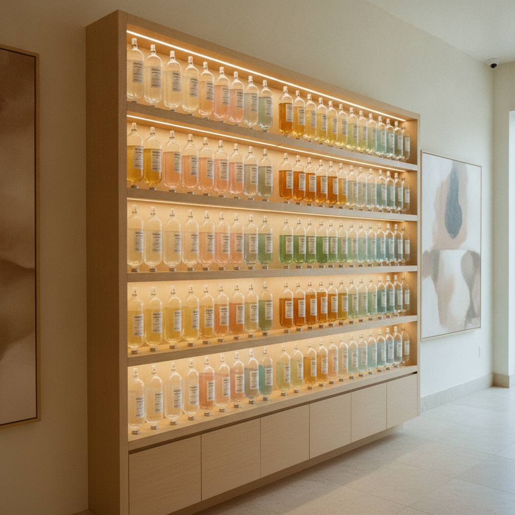 A two-tier IV menu layout — accessible anchor hydration and vitamin-cocktail drips alongside premium NAD+ and glutathione add-ons that carry the margin.