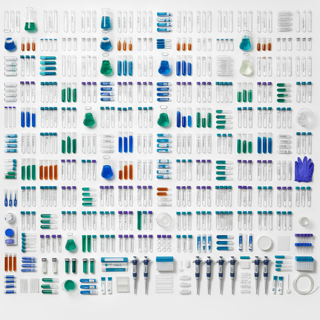 A dense, organized grid of laboratory supplies — test tubes, pipettes, microcentrifuge tubes, gloves, microplates, and reagent vials — illustrating the breadth and complexity of categories a clinical lab must source