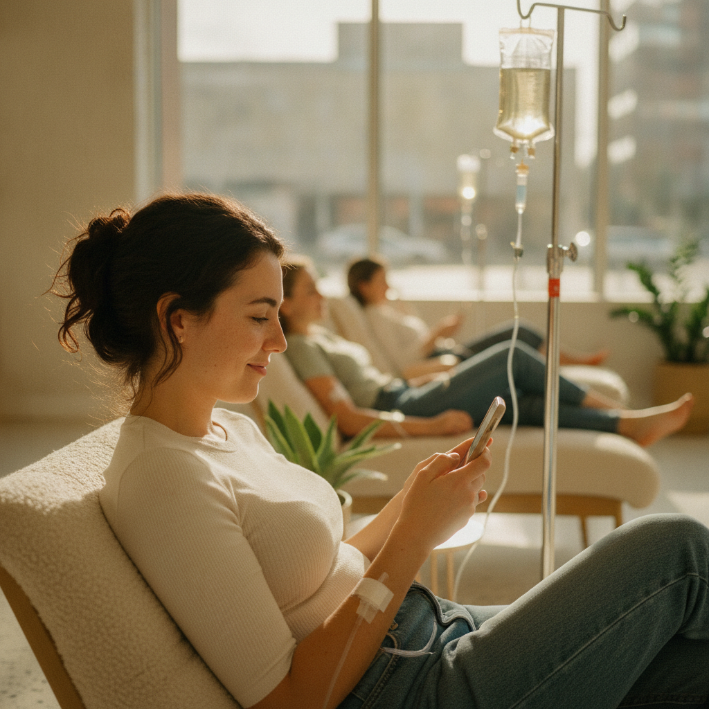A patient receiving a premium longevity IV infusion in an upscale clinic setting — reflecting the high-ticket, repeat-visit nature of the longevity wellness market.