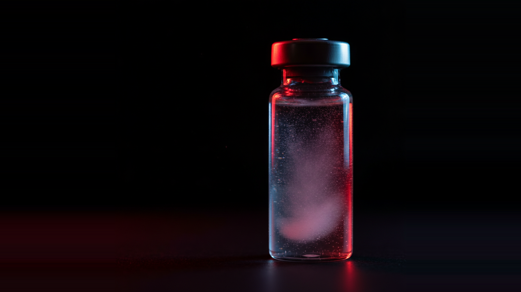 A single glass vial of cloudy, particulate-laden liquid lit in red against a dark background — evoking the contamination and sterility risks of gray-market “research use only” injectable peptides.
