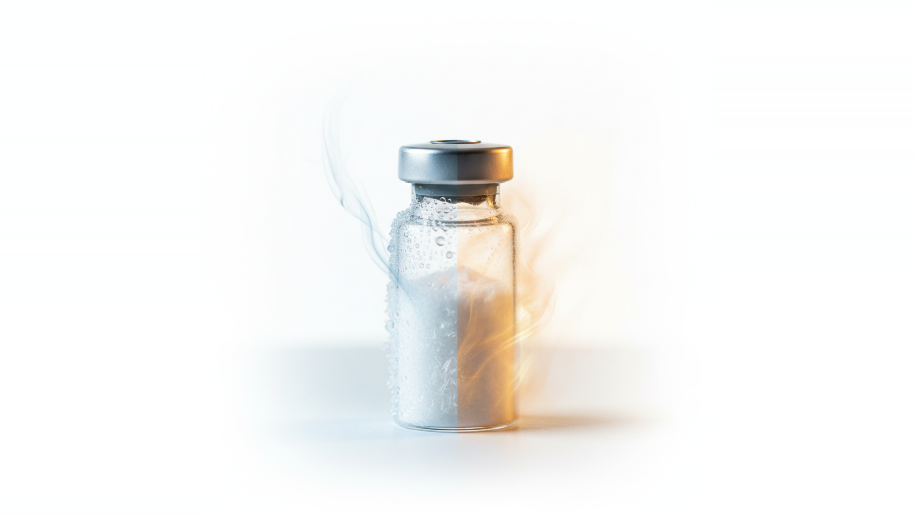 A single peptide vial shown half-frosted and half-engulfed in heat against a white background — illustrating how both freezing and heat degrade temperature-sensitive peptide injectables.