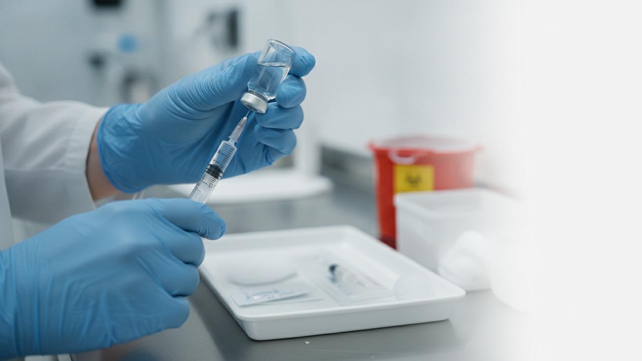 A mobile IV nurse preparing a single-dose vial and a fresh syringe in a patient’s home — reinforcing CDC safe-injection practices outside the fixed clinic.