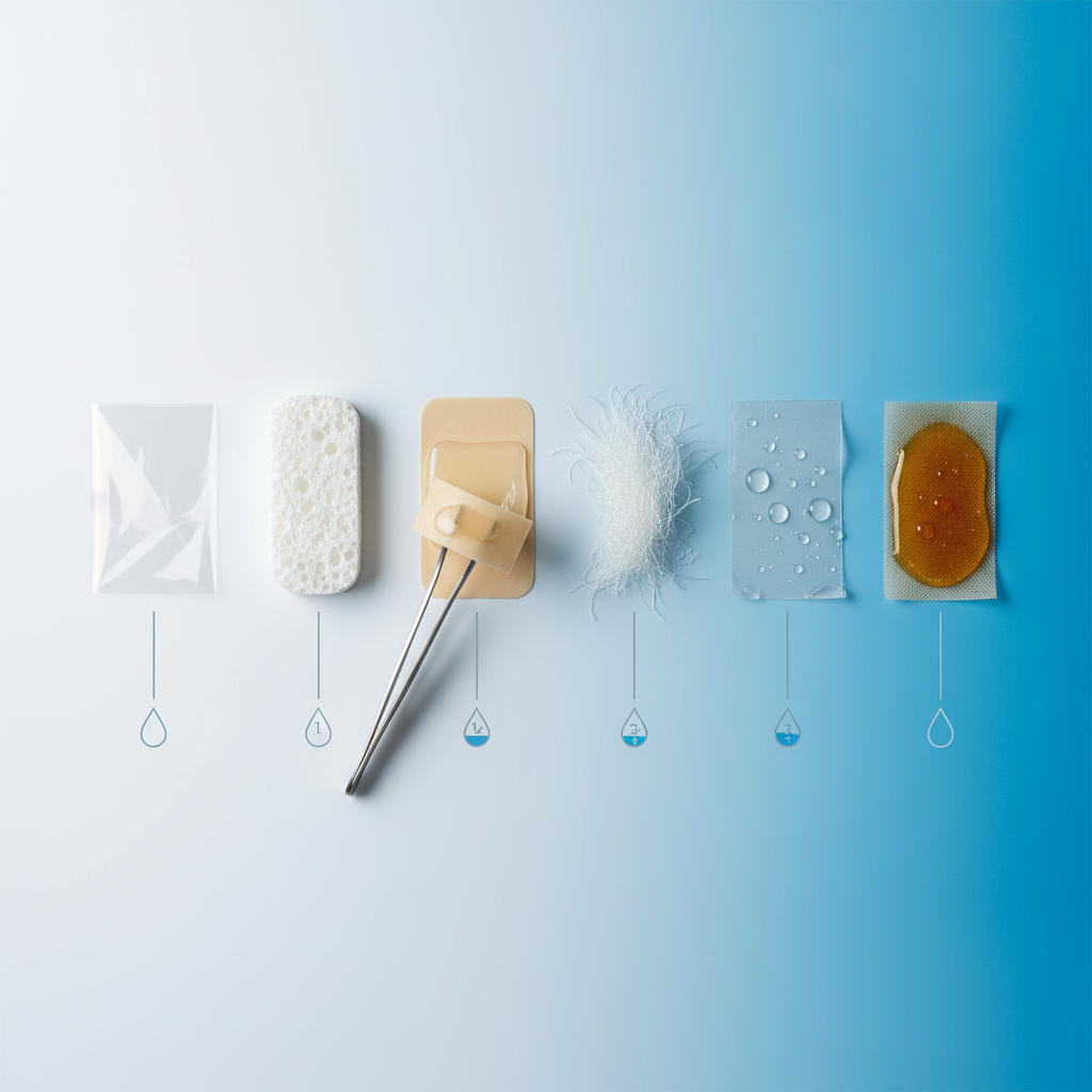 Seven wound dressing types arranged in a row with moisture absorption indicators showing transparent film, foam, hydrocolloid, alginate, hydrogel, silver antimicrobial, and honey-based dressings